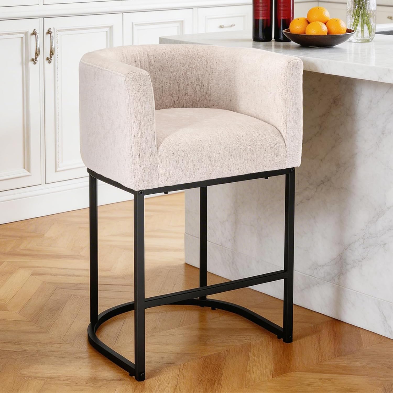 Barrel Bar Stools Set of 2, Modern Counter Height Barstools with Linen Fabric Upholstered Seat, 350lbs Capacity Kitchen Island Chair, Bar Stools with Metal Sled Base and Footrest, Light Grey