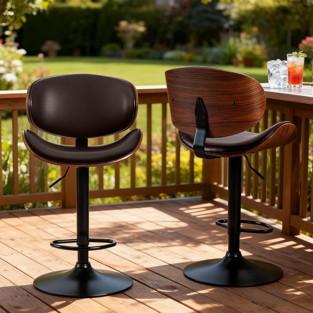 Swivel Bar Stools Set of 2, Adjustable Counter Height Bentwood BarStools, PU Leather Upholstery Bar Chair with Ergonomic Back and Footrest, Counter Stools for Bar, Home Kitchen Island, Brown