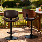 Swivel Bar Stools Set of 2, Adjustable Counter Height Bentwood BarStools, PU Leather Upholstery Bar Chair with Ergonomic Back and Footrest, Counter Stools for Bar, Home Kitchen Island, Brown