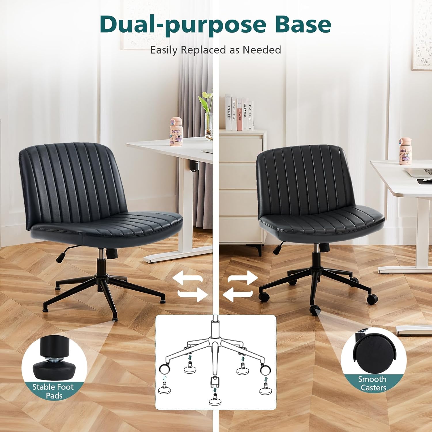 Criss Cross Chair with Wheels Wide Cross Legged Office Desk Vanity Chair Comfy Fabric Armless Adjustable Swivel for Home Computer Task PU Black