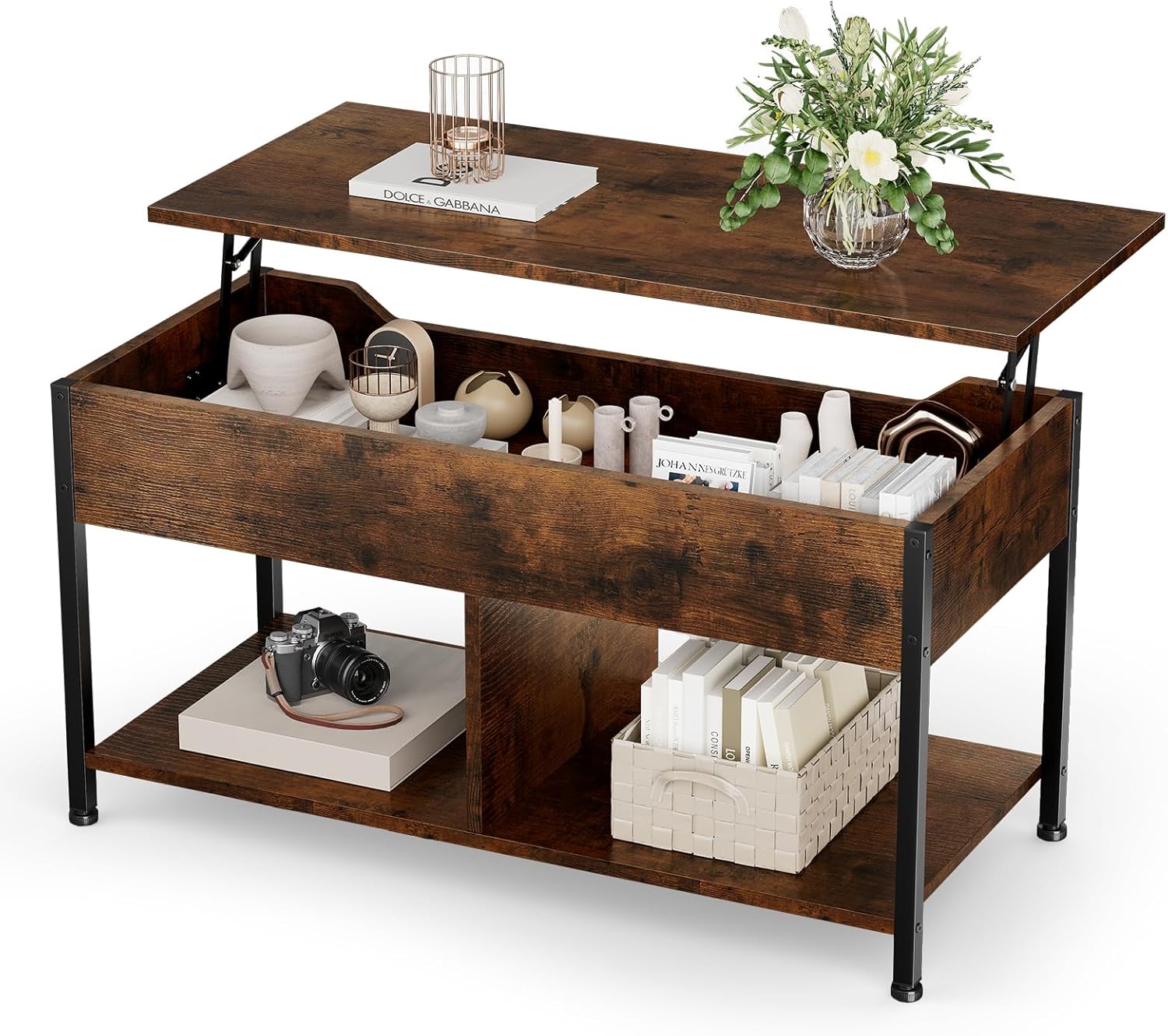 Lift Top Coffee Table with Storage 39 Center Table with Hidden Compartment & 2 Shelves Farmhouse, Wood Coffee Table for Living Room with Sturdy Lift-Top Adjustable Feet Brown