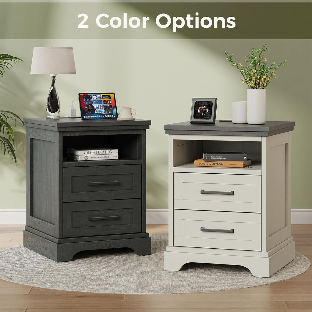 Nightstand with Charging Station, Wood Farmhouse Bedside Table with 2 Drawers and Open Shelf, Wood End Table, Modern Side Table for Bedroom, Black