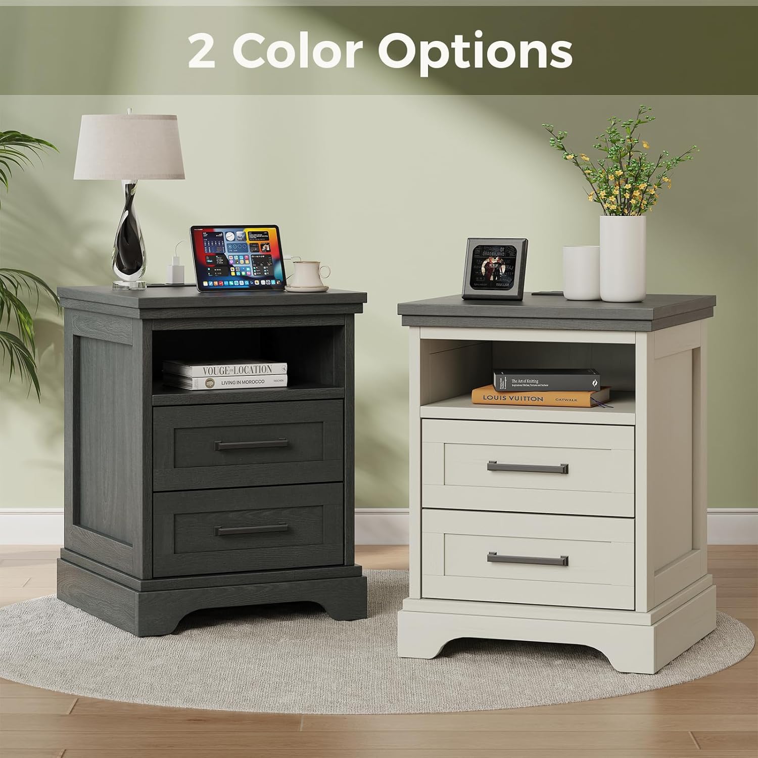 Nightstand with Charging Station, Wood Farmhouse Bedside Table with 2 Drawers and Open Shelf, Wood End Table, Modern Side Table for Bedroom, Black
