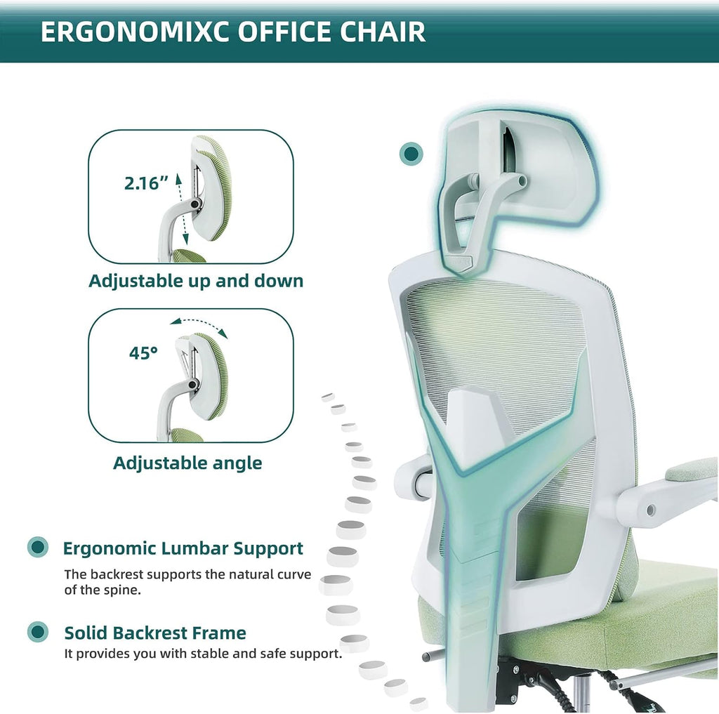 Home Office Desk Chair with Footrest, High-Back Mesh Rolling Swivel Reclining Chairs with Wheels, Comfortable Headrest, Lumbar Support, Comfy Arms for Home, Office, Gaming, Elegant Green