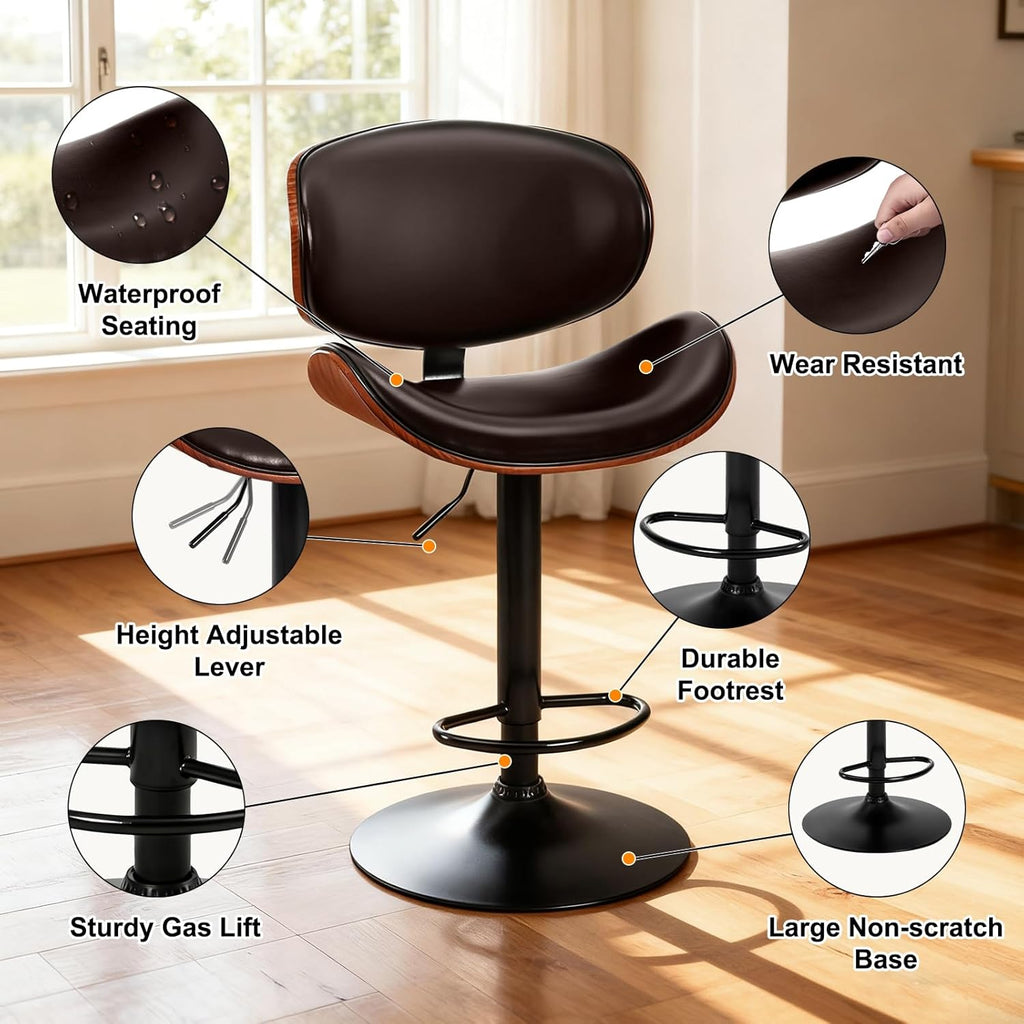 Swivel Bar Stools Set of 2, Adjustable Counter Height Bentwood BarStools, PU Leather Upholstery Bar Chair with Ergonomic Back and Footrest, Counter Stools for Bar, Home Kitchen Island, Brown