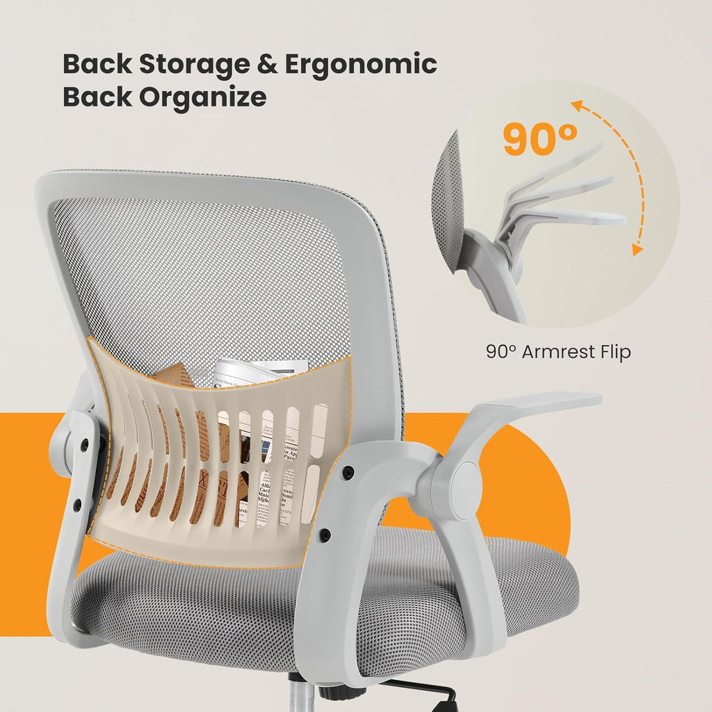 Home Office Managerial Executive Chair, Flip Up Armrest Ergonomic Mesh Adjustable Swivel Mid-Back Computer Desk Chair with Comfortable Lumbar Support, Comfy Arms for Bedroom,Study