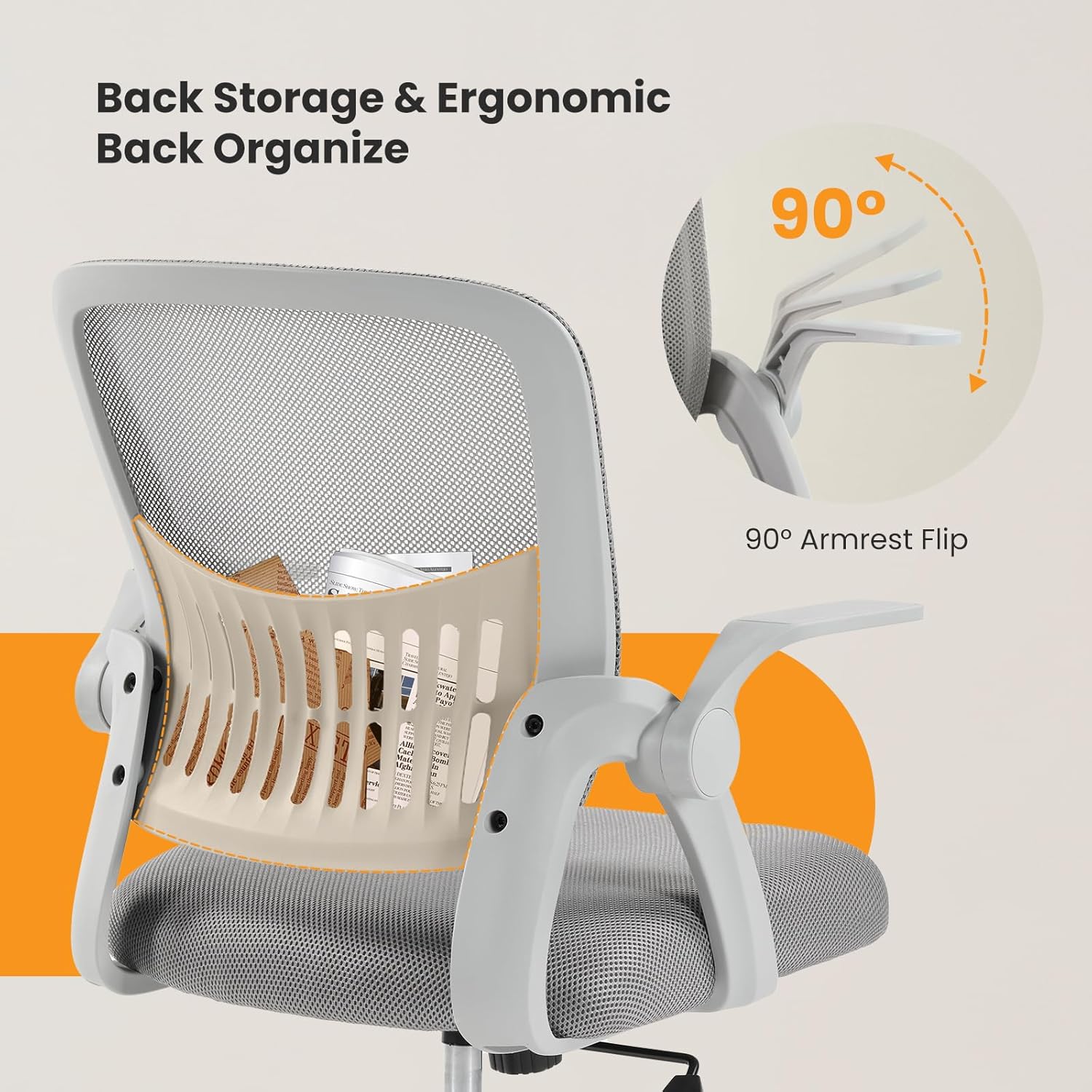 Home Office Managerial Executive Chair, Flip Up Armrest Ergonomic Mesh Adjustable Swivel Mid-Back Computer Desk Chair with Comfortable Lumbar Support, Comfy Arms for Bedroom,Study