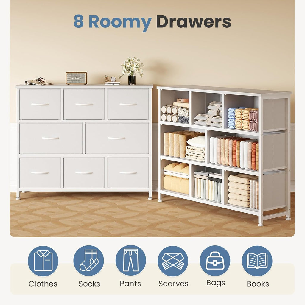 TV Stand, Dresser with 8 Fabric Drawers, Spacious Storage Tower for Closet, TV Stand with Wood Top and Mental Frame, Storage Unit for Living Rooms, Bedroom and Entryway, White