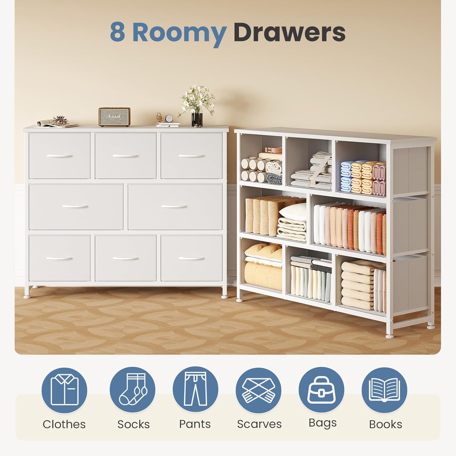 TV Stand, Dresser with 8 Fabric Drawers, Spacious Storage Tower for Closet, TV Stand with Wood Top and Mental Frame, Storage Unit for Living Rooms, Bedroom and Entryway, White