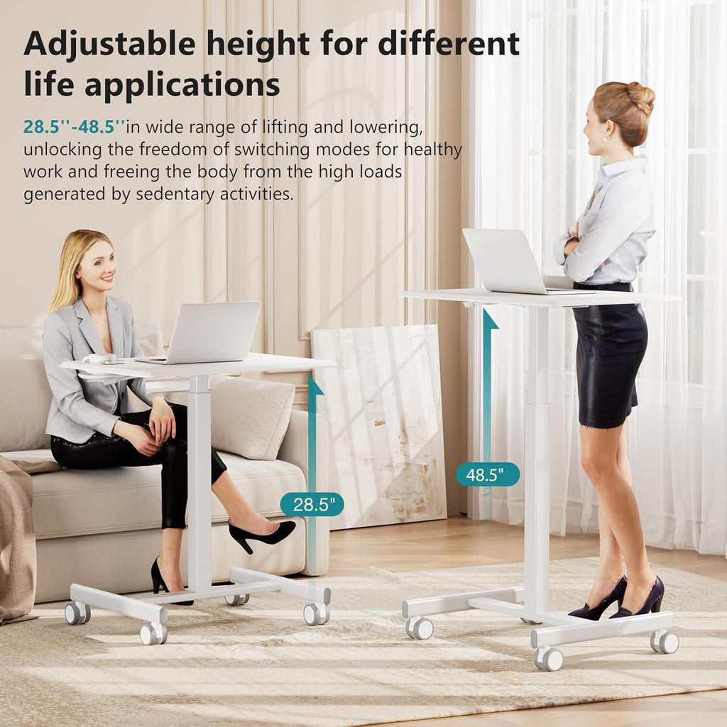 Small Standing Desk with Locking Wheels, Mobile Portable Rolling Laptop PC Table, Adjustable Height Computer Workstation for Home Office, 19 Inch, White