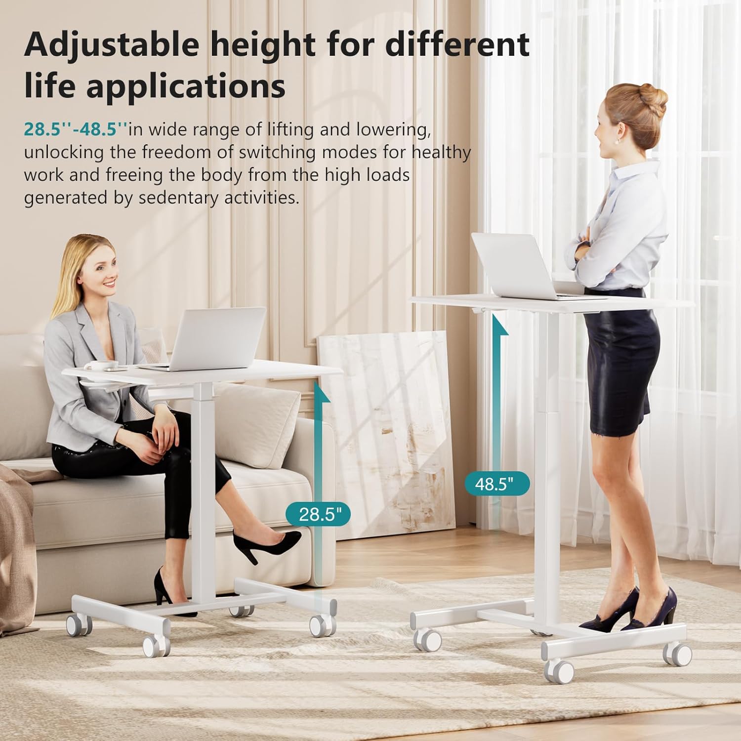 Small Standing Desk with Locking Wheels, Mobile Portable Rolling Laptop PC Table, Adjustable Height Computer Workstation for Home Office, 19 Inch, White