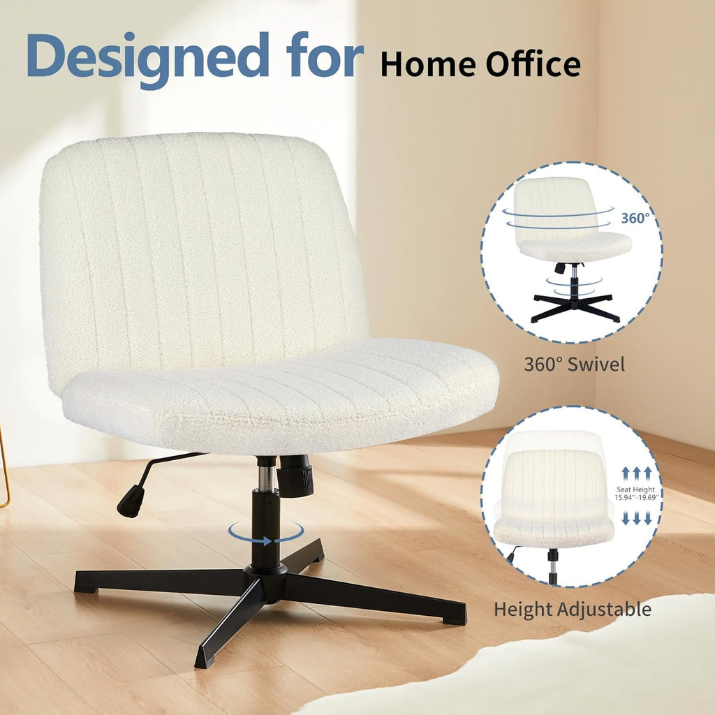 Criss Cross Chair No Wheels, Legged Office Desk Armless Chair Wide Seat, Adjustable Swivel Teddy Fabric Task Vanity Chairs for Home Bedroom, Beige