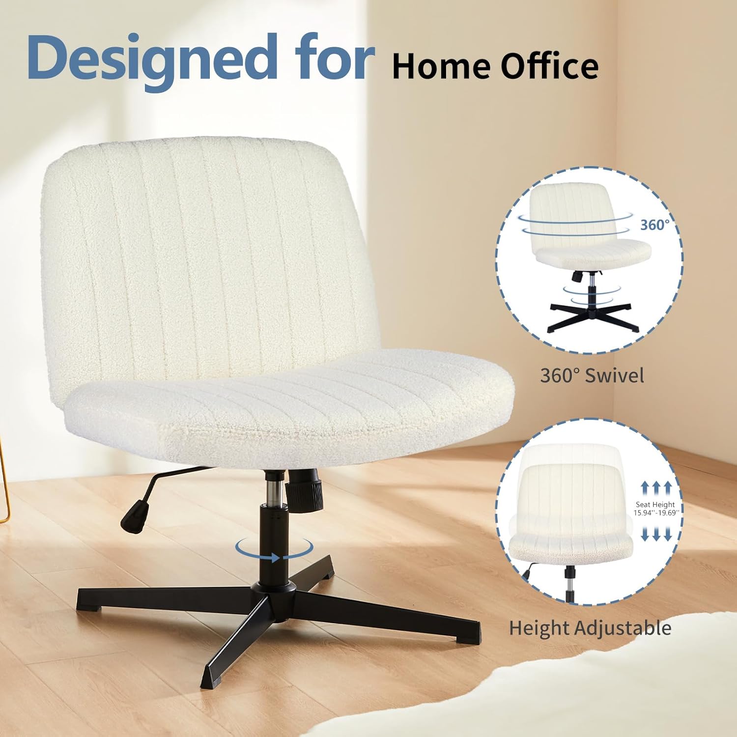 Criss Cross Chair No Wheels, Legged Office Desk Armless Chair Wide Seat, Adjustable Swivel Teddy Fabric Task Vanity Chairs for Home Bedroom, Beige