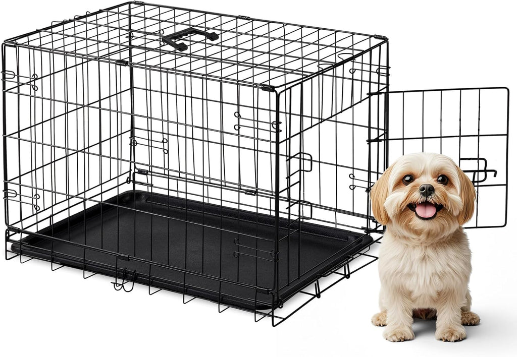Dog Crate, 30 Inch Medium Single Door Dog Cage with Plastic Leak-Proof Pan Tray, Folding Metal Wire Pet Kennel for Indoor, Outdoor, Travel