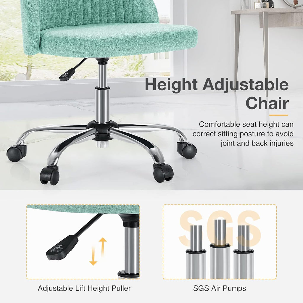 Armless Vanity Chair, Cute Comfy Home Office Desk Chair with Wheels, Modern Upholstered Task Computer Seat for Bedroom, Study, Makeup Vanity, Height Adjustable & Swivel, Mint