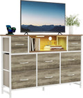 TV Stand Dresser with 8 Fabric Drawers and Open Shelves, LED Entertainment Center with Charging Station, Wood Top Media Console for 45-55 inch, Bedroom, Greige Oak