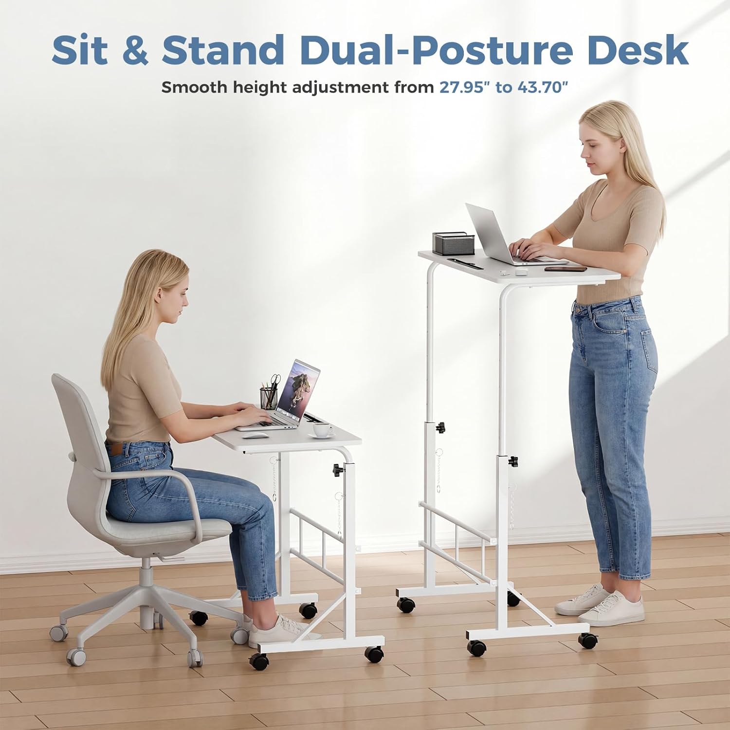 31.5 Adjustable Height Mobile Desk with Locking Wheels & Pin-Lock, Portable Workstation for Walking Pad & Active Home Office, White