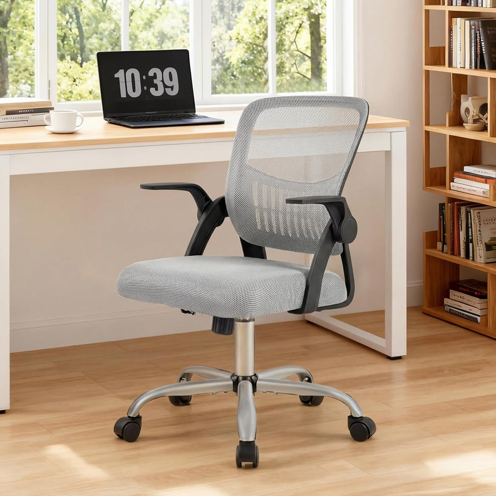 Home Office Managerial Executive Chair, Ergonomic Mesh Adjustable Swivel Mid-Back Chair with, Flip-up Arms, Comfortable Lumbar Support, Comfy Arms for Bedroom,Study,Student
