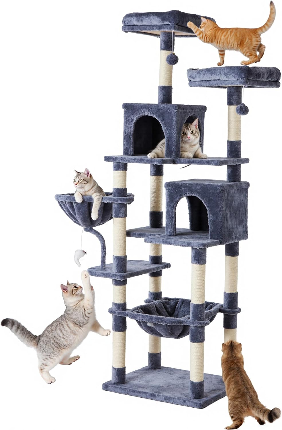 54-inch Indoor Cat Tree Tower ?CMulti-Level Pet House for Large Cats with 2 Condos, Scratching Posts, Round Platform, Small Ladder, and Toys, Beige