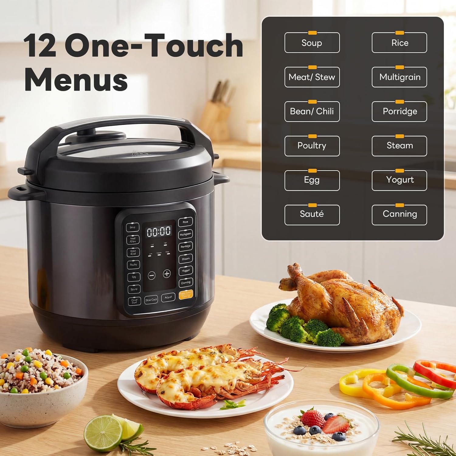 Electric Pressure Cooker 16-in-1, 8QT Programmable Multi Cooker with 12 One-Touch Presets, Soup Steam Yogurt and More, Ceramic Inner Pot Delay Start & Keep Warm, Includes Recipe Guide, Black