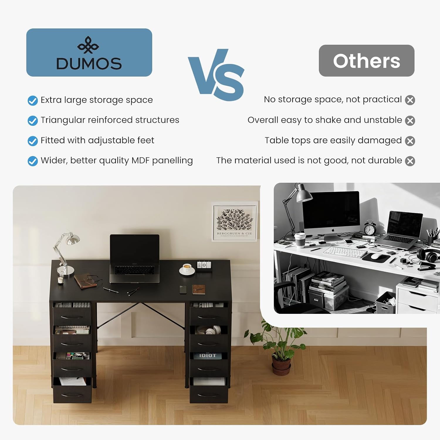 47 Inch Computer Desk with 8 Fabric Drawers, Office Gaming Desk with Storage, Writing Study Table with X-Shaped Reinforced Structure, Black