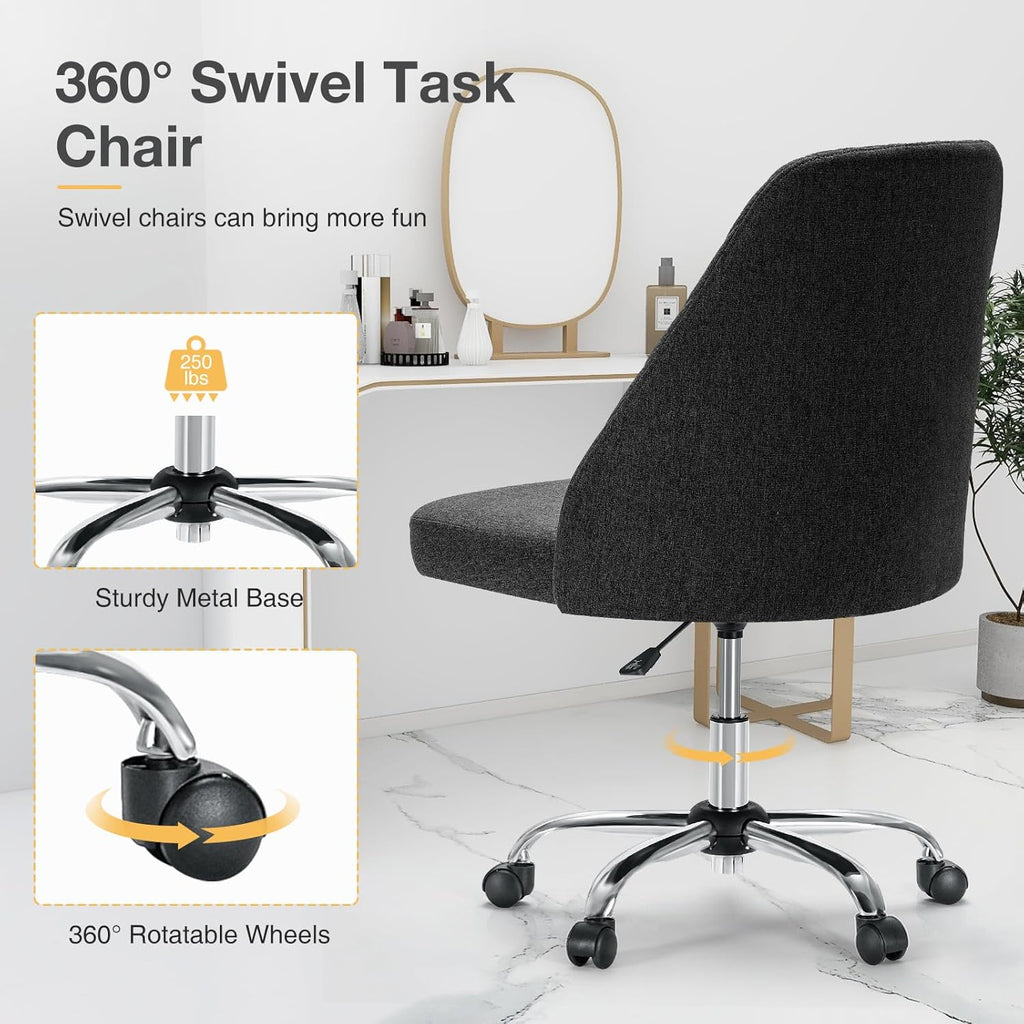 Armless Vanity Chair, Cute Comfy Home Office Desk Chair with Wheels, Modern Upholstered Task Computer Seat for Bedroom, Study, Makeup Vanity, Height Adjustable & Swivel, Drak Gray