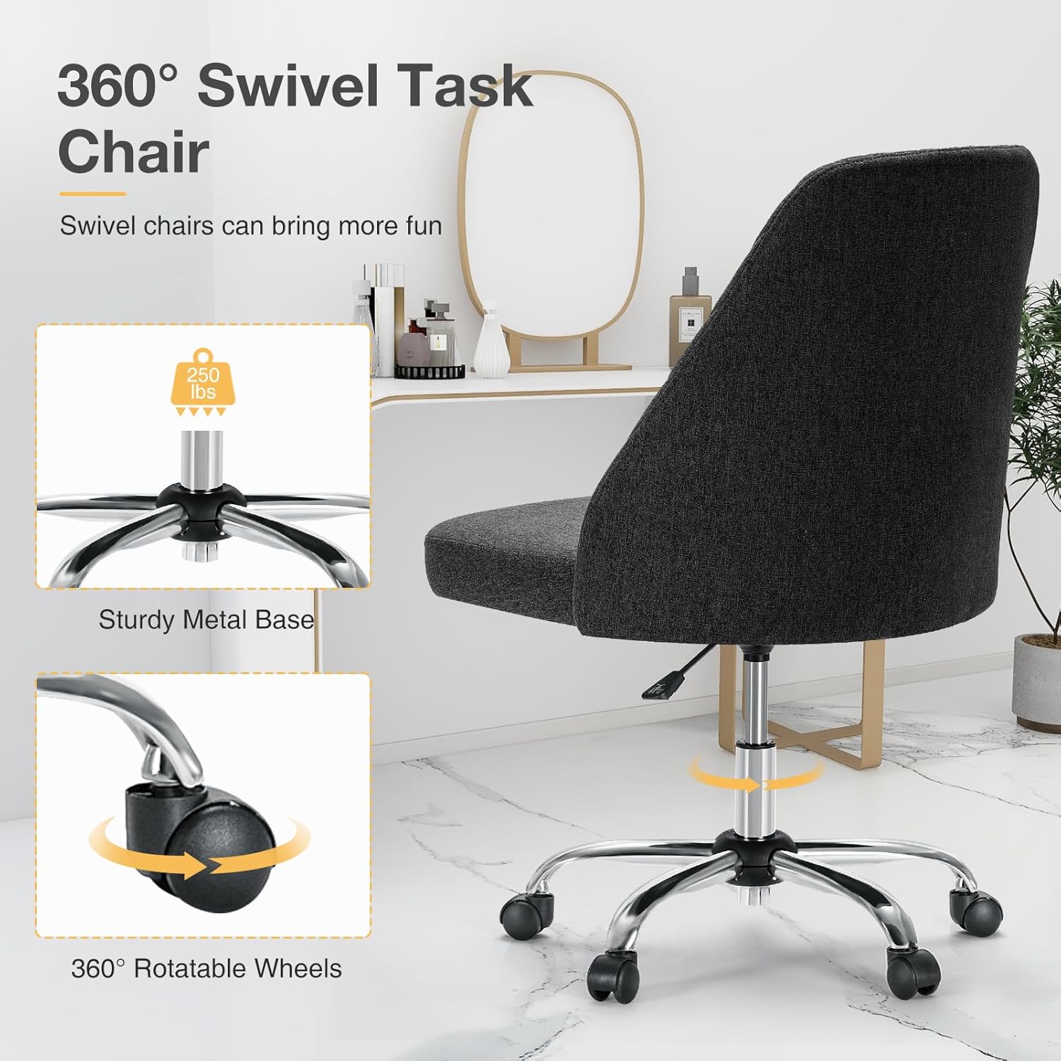 Armless Vanity Chair, Cute Comfy Home Office Desk Chair with Wheels, Modern Upholstered Task Computer Seat for Bedroom, Study, Makeup Vanity, Height Adjustable & Swivel, Drak Gray