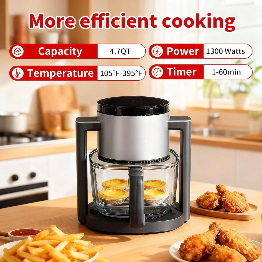 4.7Qt Glass Air Fryer, Non Toxic Air Fryer with 10 Preset Cook Modes, 395??F Rapid Air Crispy Technology, Roast Bake Dehydrate Reheat, Nonstick & Easy-Clean Basket, 1300W