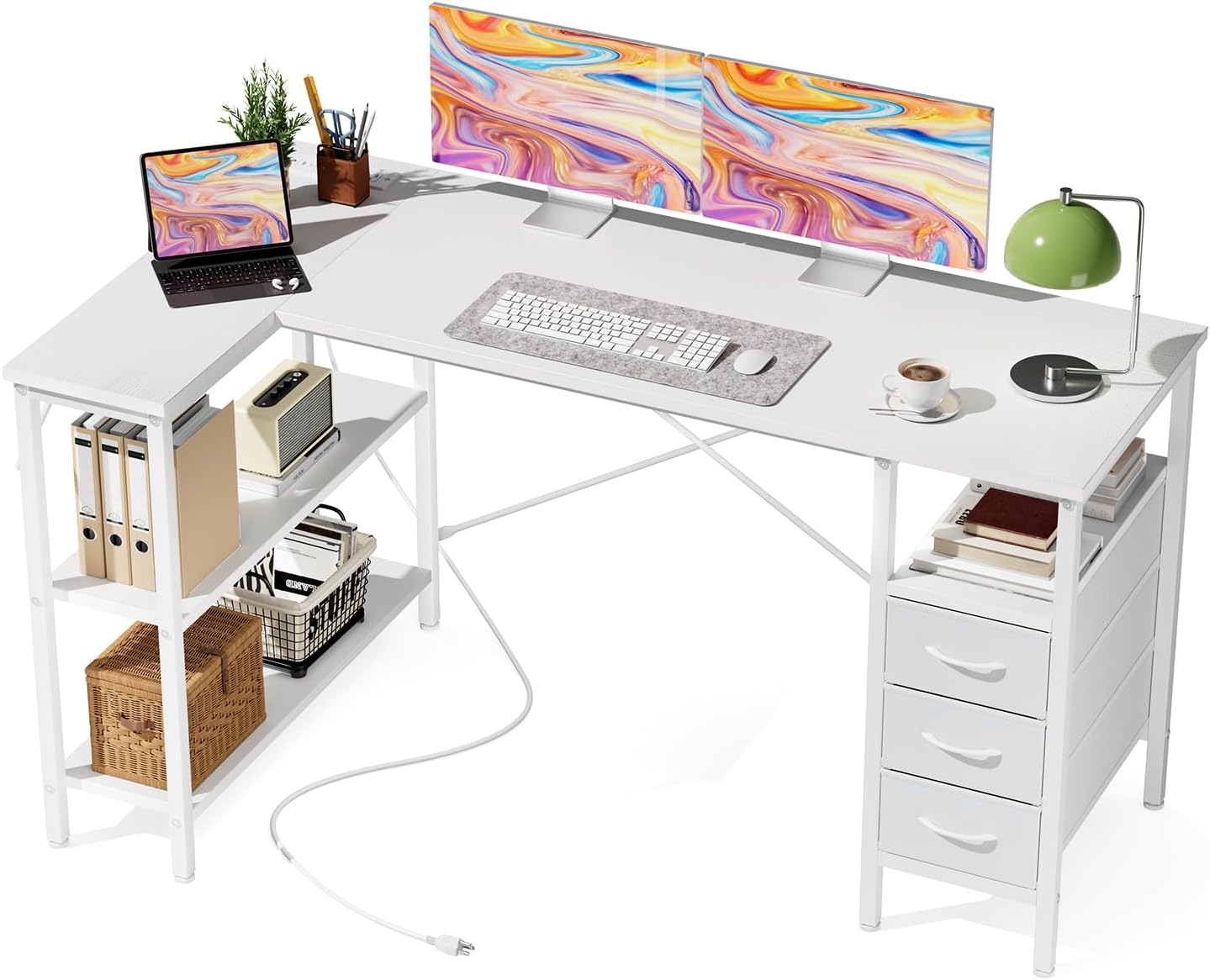 L Shaped Desk with Shelf Drawers 47 Inch, Black Corner Computer Desks Gaming with Power Outlet, Study Table with Adjustable Shelves, Home Office Tables for Bedroom Teacher Reading Writing