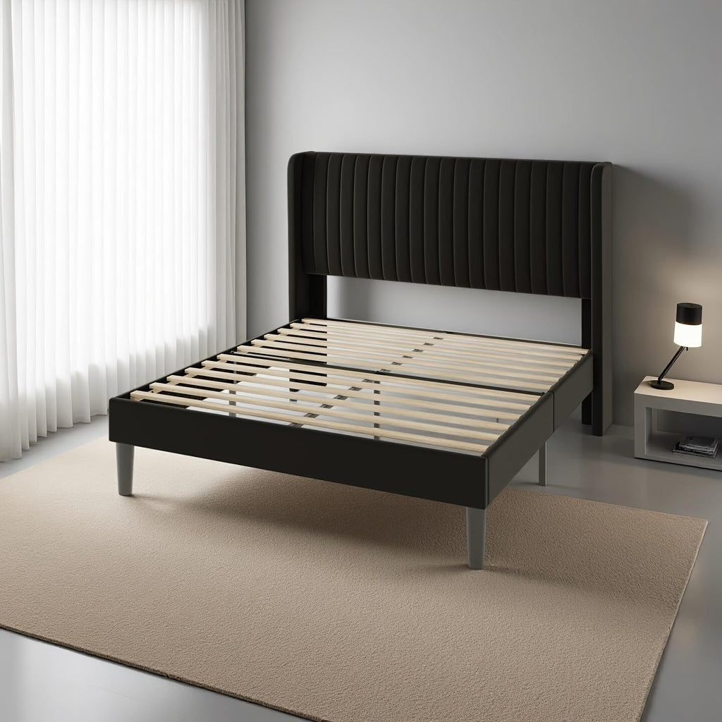 PU Wingback Upholstered Bed Frame with Wood Slat Support, No Box Spring Needed, Easy Assembly for Bedroom (Queen)