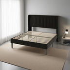 PU Wingback Upholstered Bed Frame with Wood Slat Support, No Box Spring Needed, Easy Assembly for Bedroom (Queen)