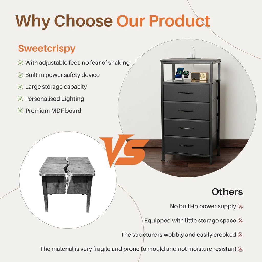 Nightstands Set of 2 with Charging Station, Bedside Table with USB Ports & Type-C, 2 Fabric Drawers Night Stand with Open Shelf, Compact End Table for Bedroom, Rustic Brown