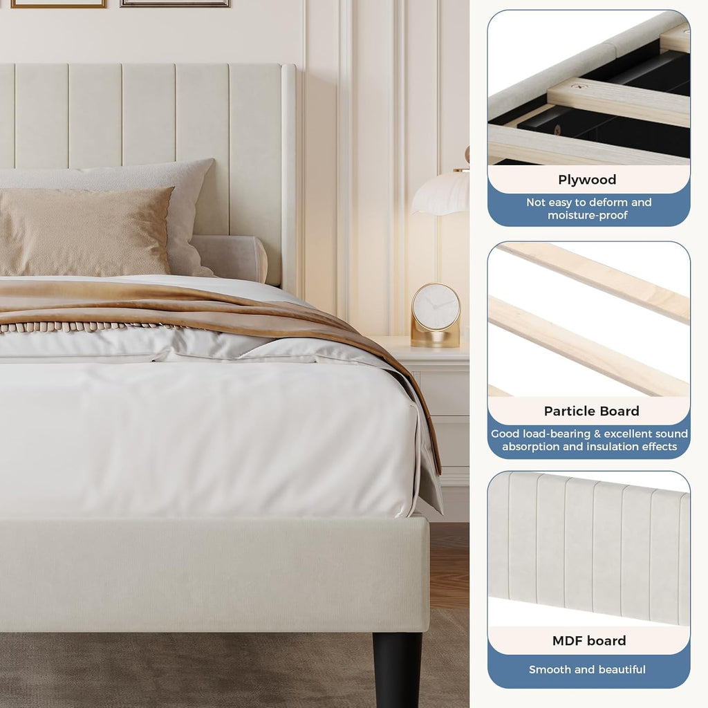 Twin Size Bed Frame with Modern Fabric Upholstered Wingback Headboard & Wooden Slats, 500lbs Capacity, No Box Spring Needed, Easy Assembly Upholstered Platform Bed, Beige