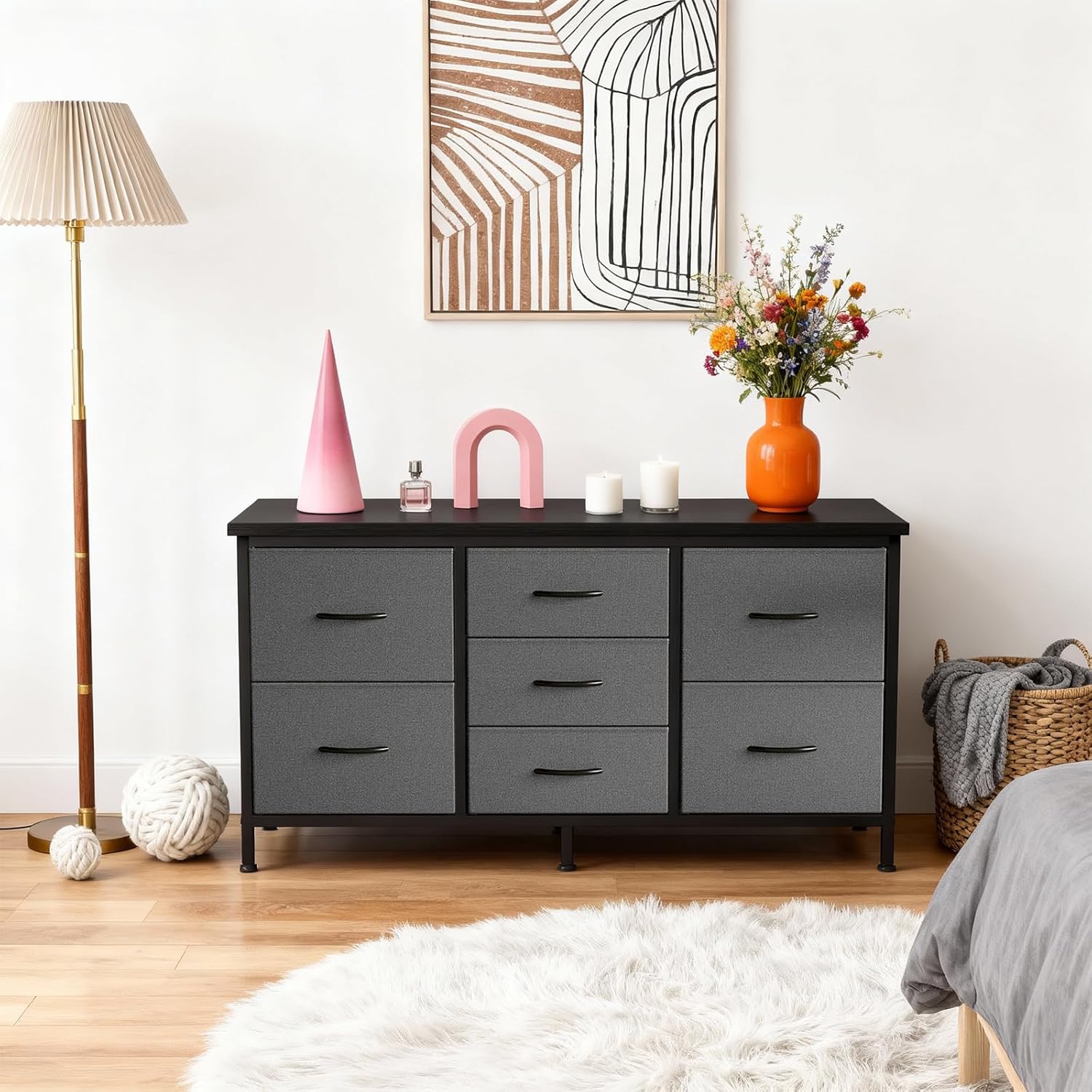 TV Stand for Bedroom with Storage TV Stands for Living Room Rustic, 12 Drawer Dresser Farmhouse Entertainment Center for up to 80 Inch TVs, Media Console Table with Metal Frame Adjustable Feet