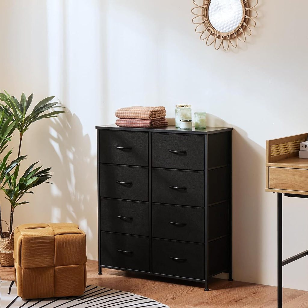 8 Drawer Dresser for Bedroom, Wide Fabric Storage Tower with Wooden Top and Metal Frame, Closet Chest Organizer Furniture, Living Room Hallway, Black