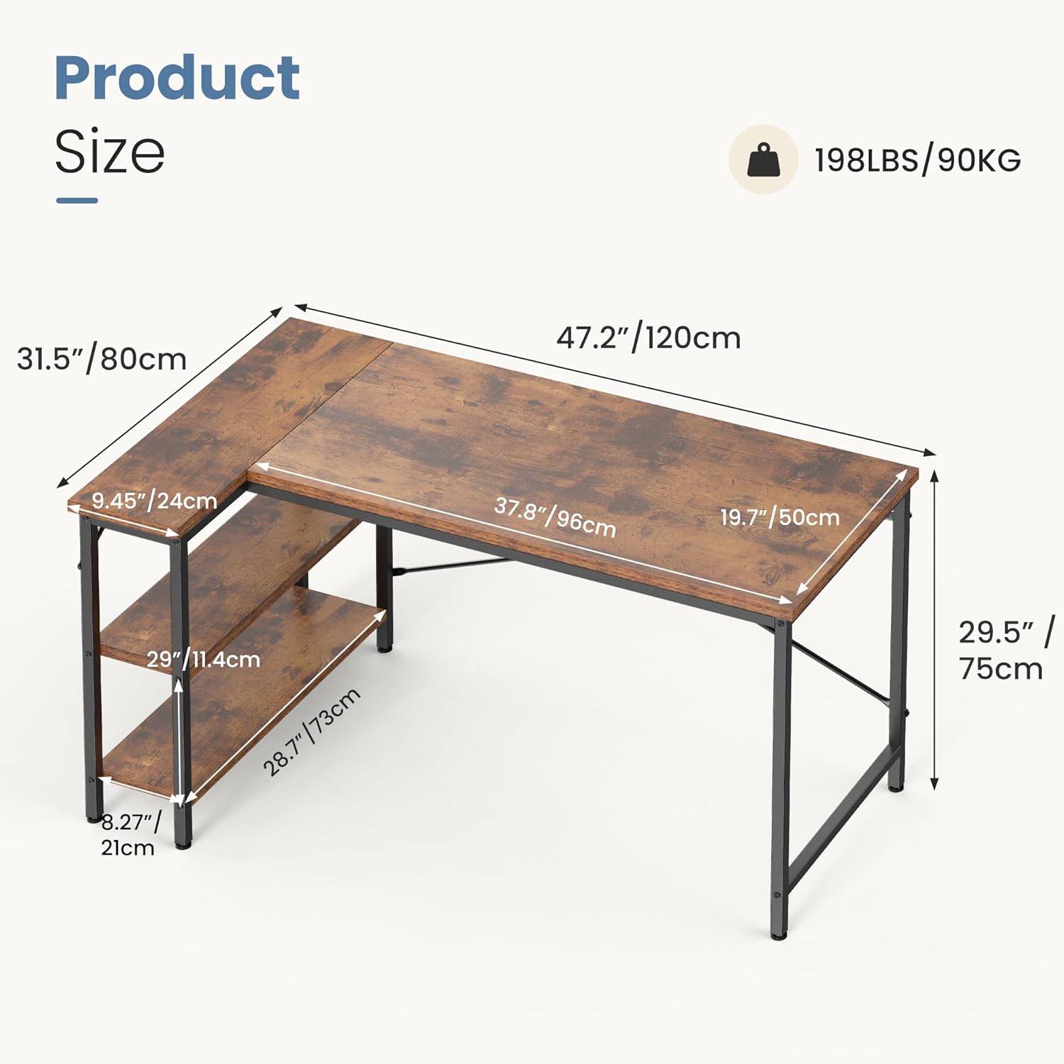 L Shaped Desk 47 Inch Computer Desk Gaming Furniture Corner Desks Home Office PC Table with Reversible Storage Shelves for Writing Working Study Bedroom Dorm, Rustic Brown