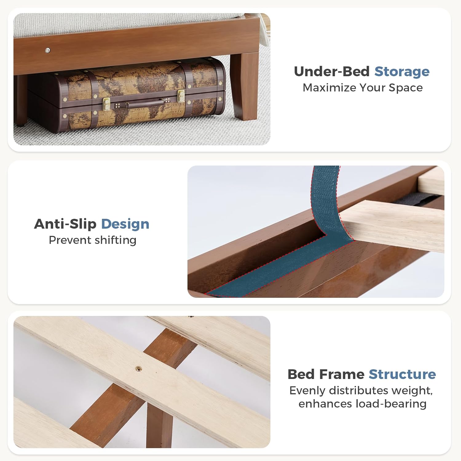Queen Size Wood Bed Frame with Headboard, Solid Natural Wooden Platform Bed Base, Heavy Duty Slat Support Mattress Foundation, No Box Spring Needed, Low-Profile Design
