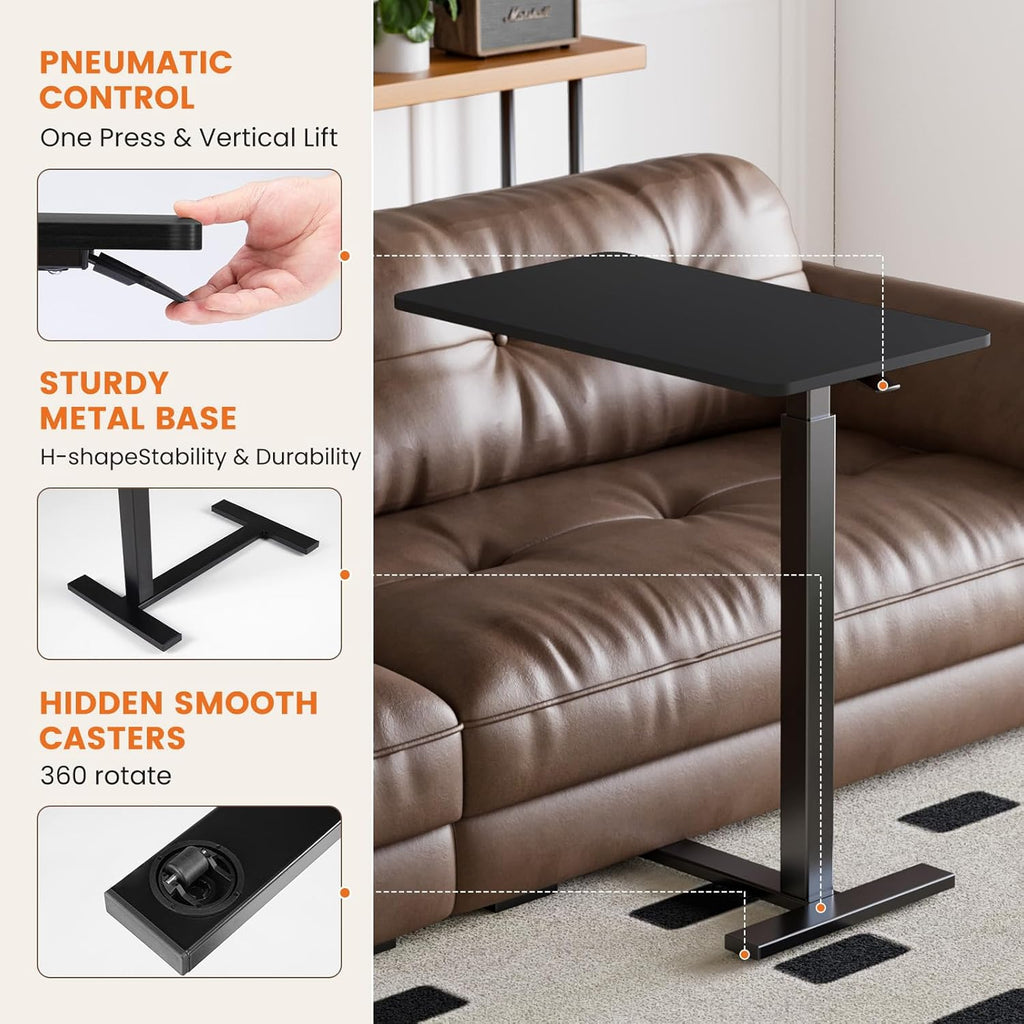 Overbed Bedside Table with Wheels, Adjustable Hospital & Home Use Bed Table, Rolling Laptop Table, Mobile Standing Desk, Black