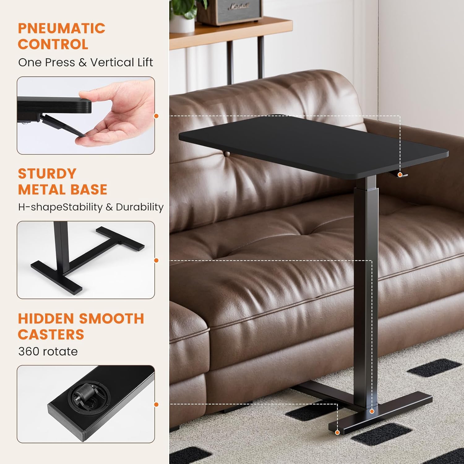 Overbed Bedside Table with Wheels, Adjustable Hospital & Home Use Bed Table, Rolling Laptop Table, Mobile Standing Desk, Black