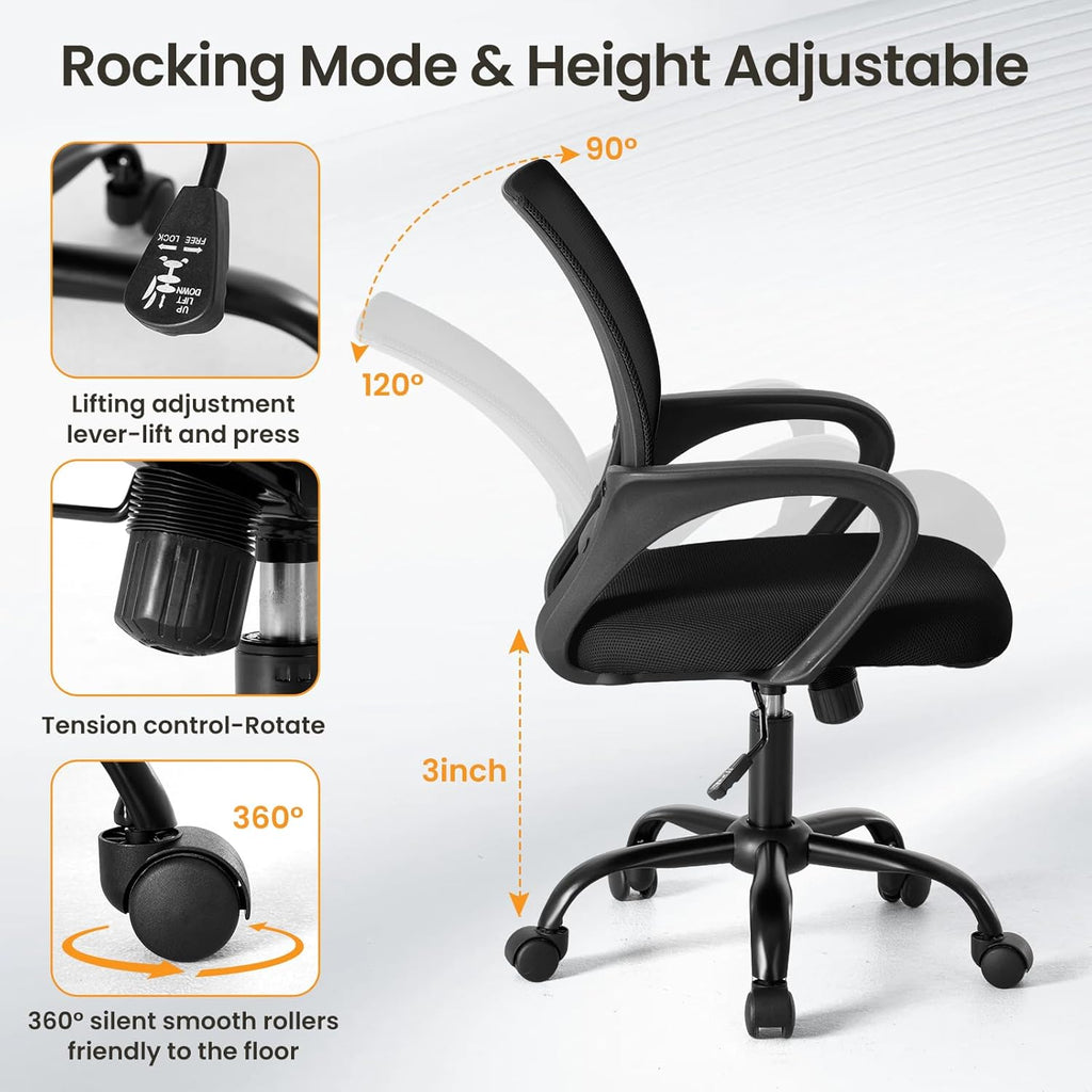 Office Desk Chair - Ergonomic Mid Back with Lumbar Support & Rocking Mode, Height Adjustable with Fixed Armrest, Storage Back for Computer, Gaming, Conference, Meeting, 360?? Swivel, Black