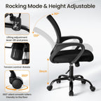 Office Desk Chair - Ergonomic Mid Back with Lumbar Support & Rocking Mode, Height Adjustable with Fixed Armrest, Storage Back for Computer, Gaming, Conference, Meeting, 360?? Swivel, Black
