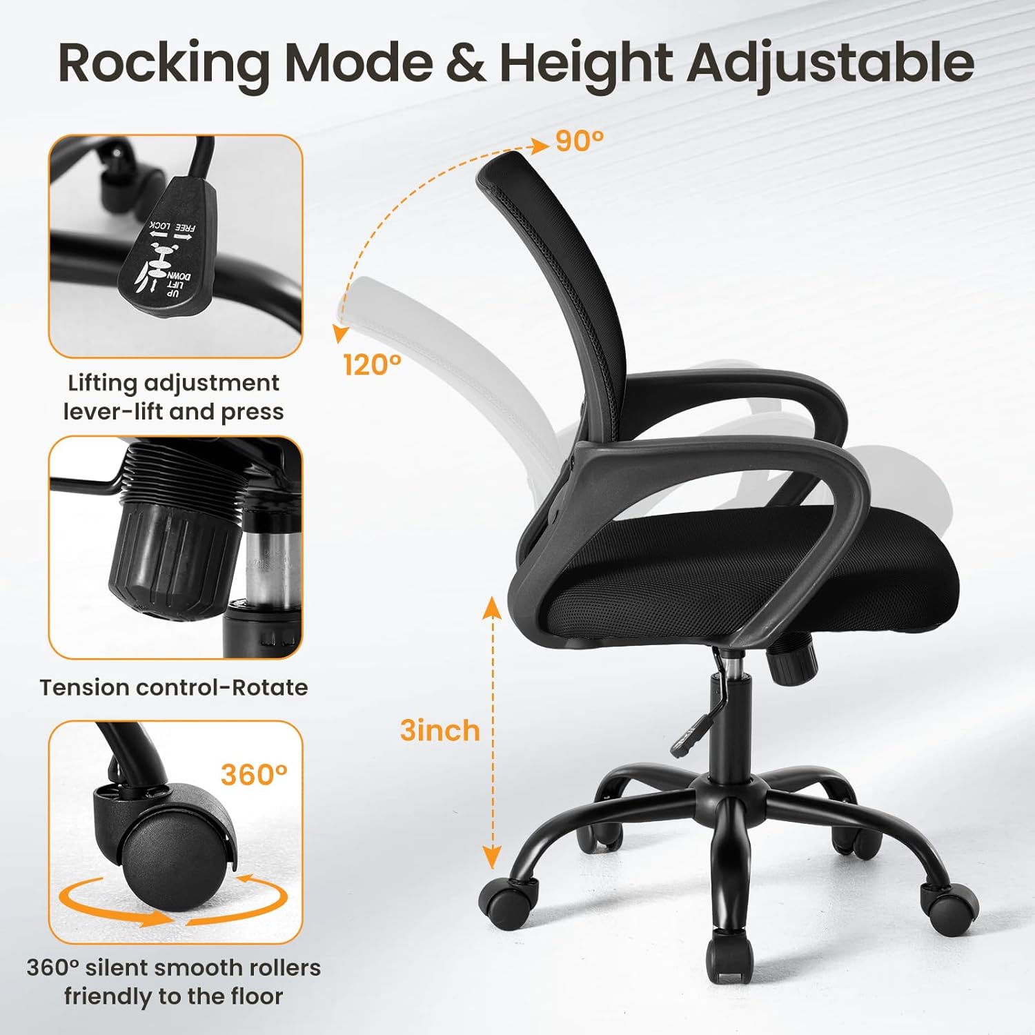 Office Desk Chair - Ergonomic Mid Back with Lumbar Support & Rocking Mode, Height Adjustable with Fixed Armrest, Storage Back for Computer, Gaming, Conference, Meeting, 360?? Swivel, Black