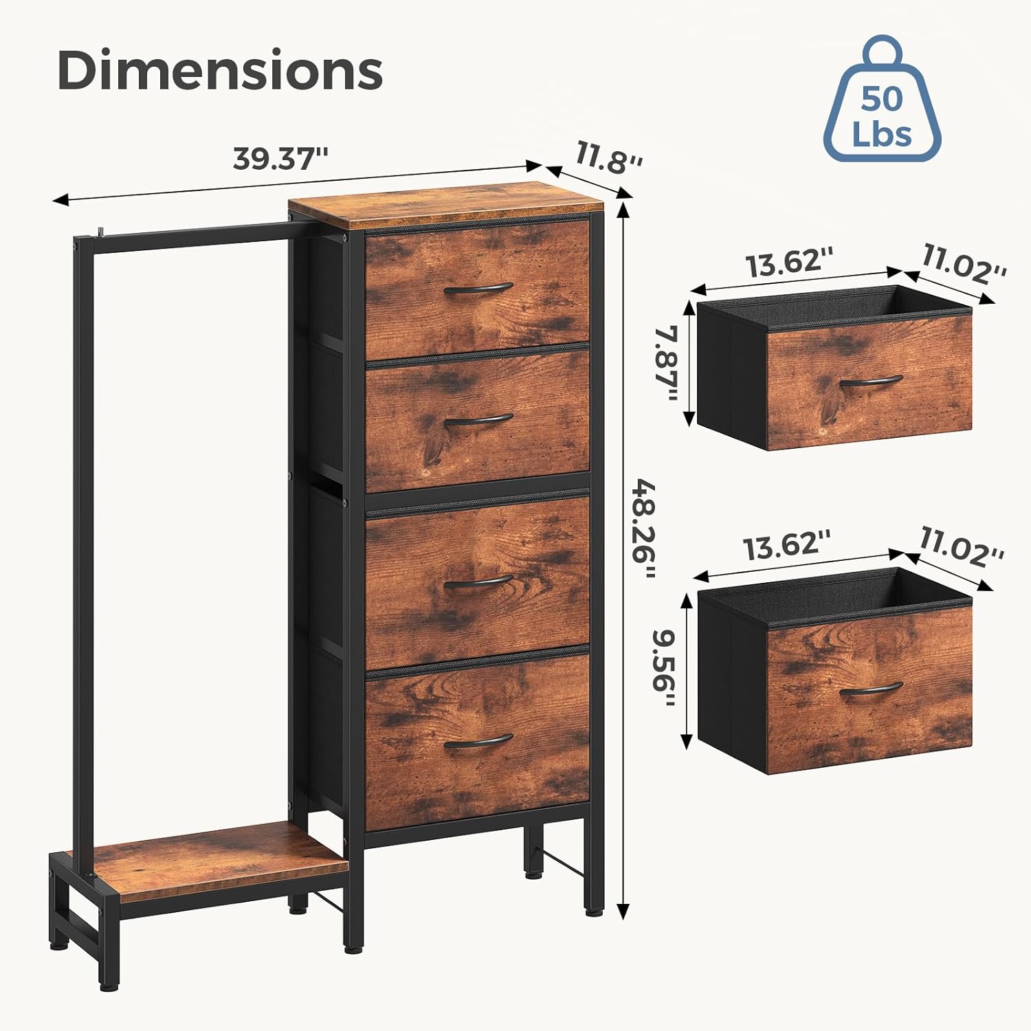 Dresser with Hanging Rack, 4-in-1 Fabric Dresser for Bedroom, Closet Organizer with Clothes Rack, Shoe Rack & Hooks, Tall Storage Tower for Small Spaces, Apartment, Dorm, Rustic Brown