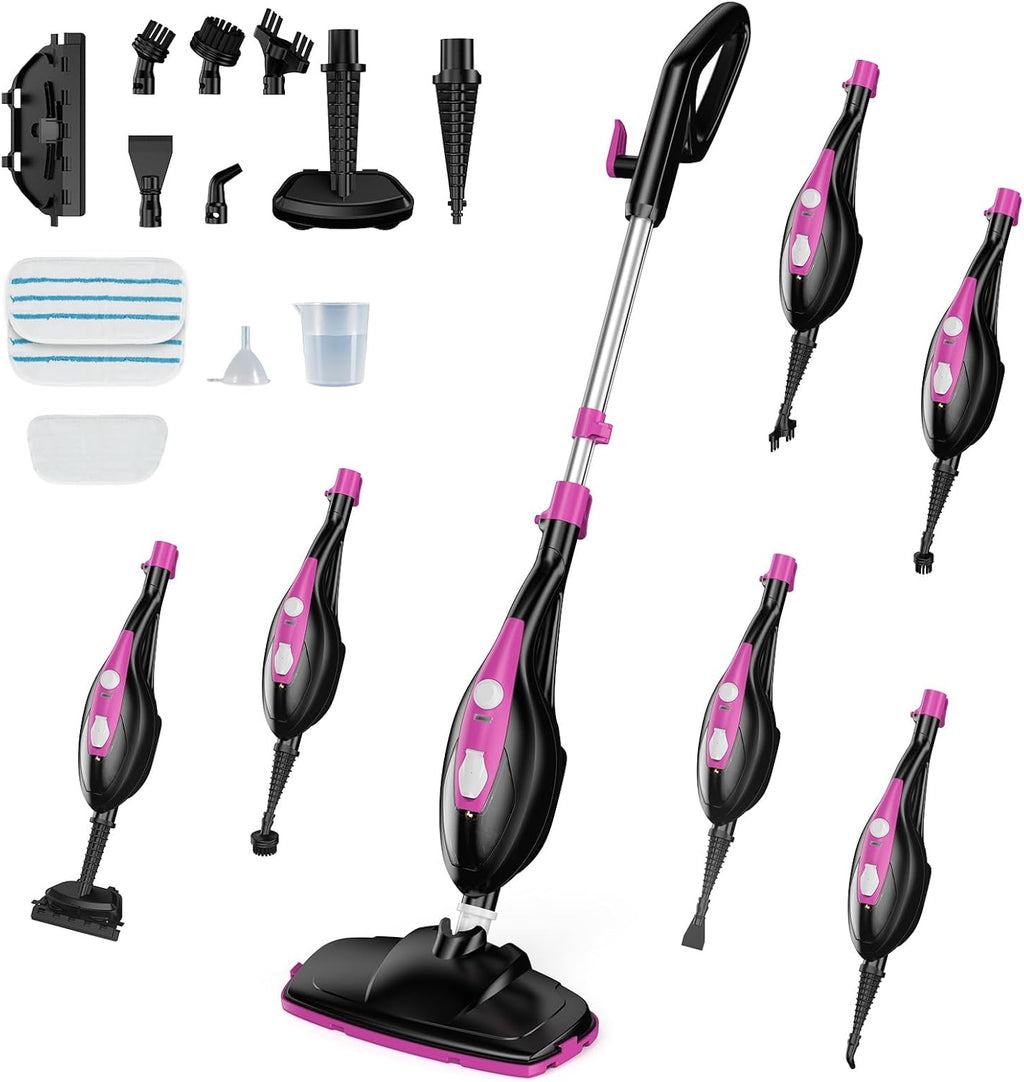 10-in-1 Steam Mop, 1550W Detachable Handheld Steam Cleaner for Floor Cleaning, 16FT Cord, 2 Washable Pads, Multi-Purpose Floor Steamer for Hardwood, Carpet, Tile, Grout, Windows, Black Grey