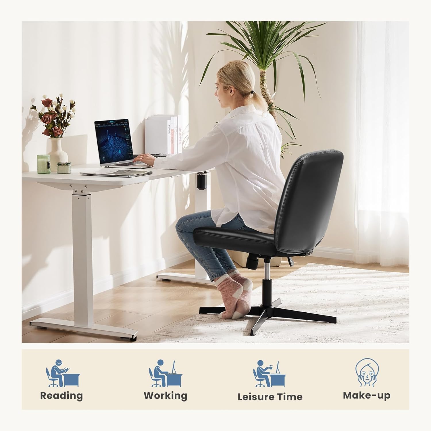 Criss Cross Legged Chair Wide Comfy Home Office Desk Seat, No Wheels Armless Computer Task Seating, Swivel Vanity Chair Height Adjustable for Makeup Bedroom, Leather Black