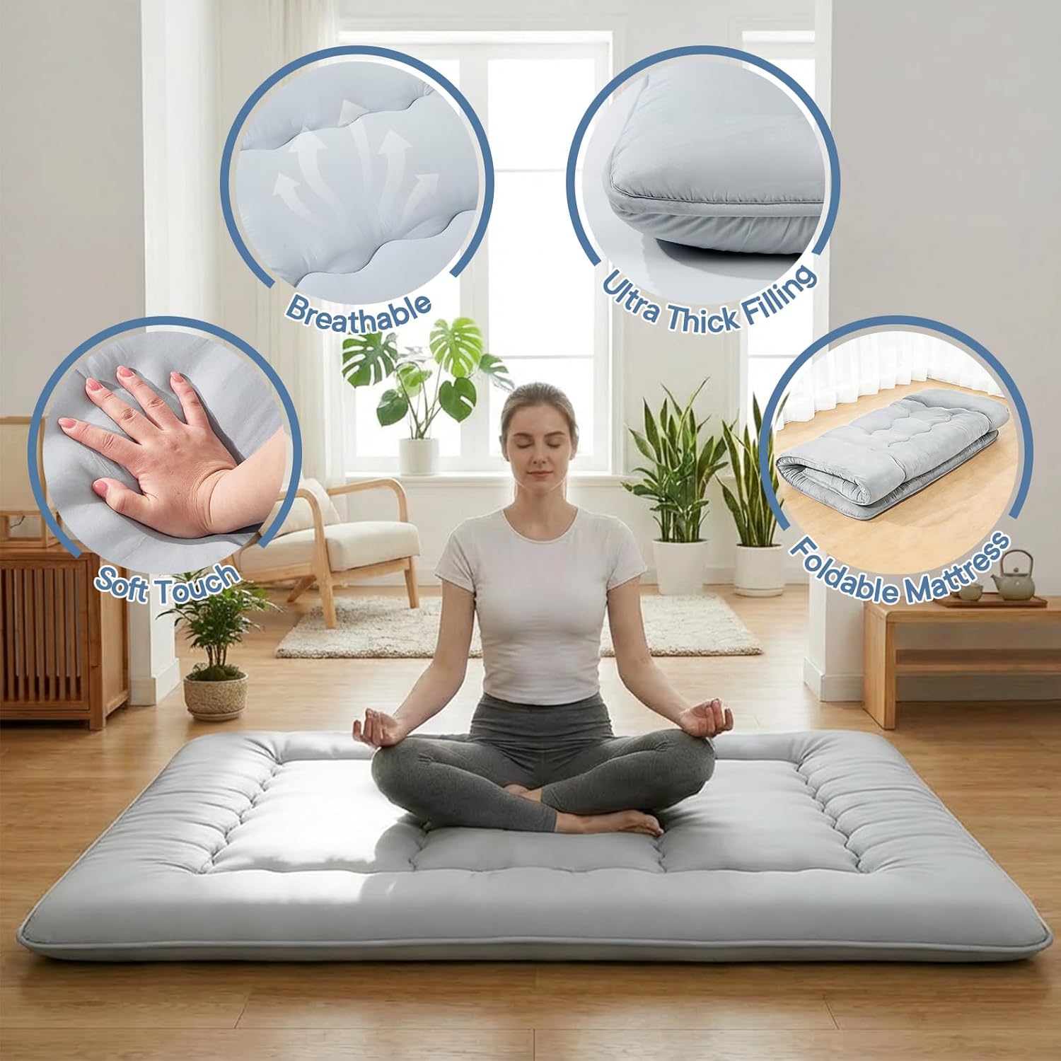 Japanese Floor Mattress Full Size, Futon Mattress Foldable with Removable Washable Cover, Portable Roll Up Tatami Mat for Guest Room, Studio Apartment, Camping and Adult, Gray