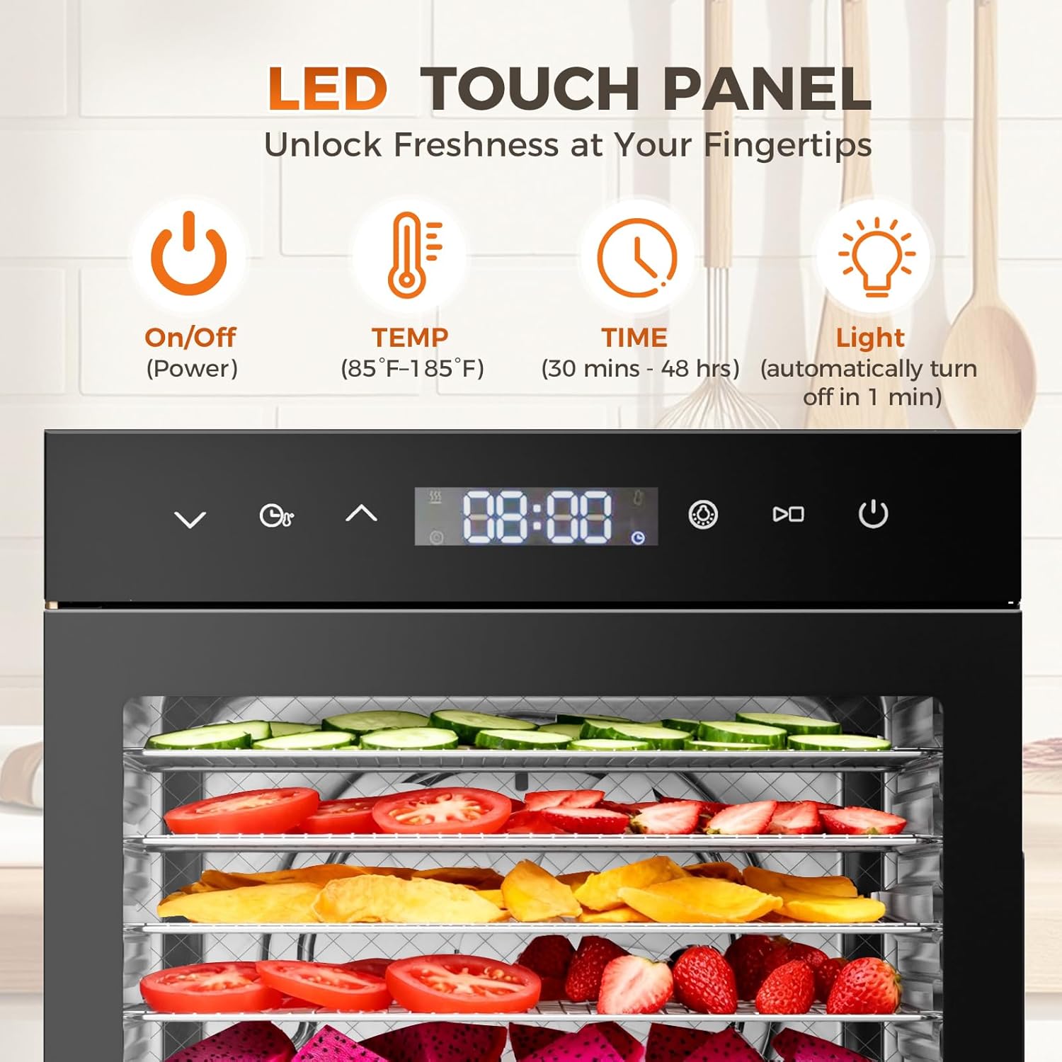 Food Dehydrator Machine, 500W Jerky Dehydrators with 8 Stainless Steel Large Trays, 185??F Temperature Control & 24H Timer Food Dryer for Fruit Meat Herb Dog Treats, Black