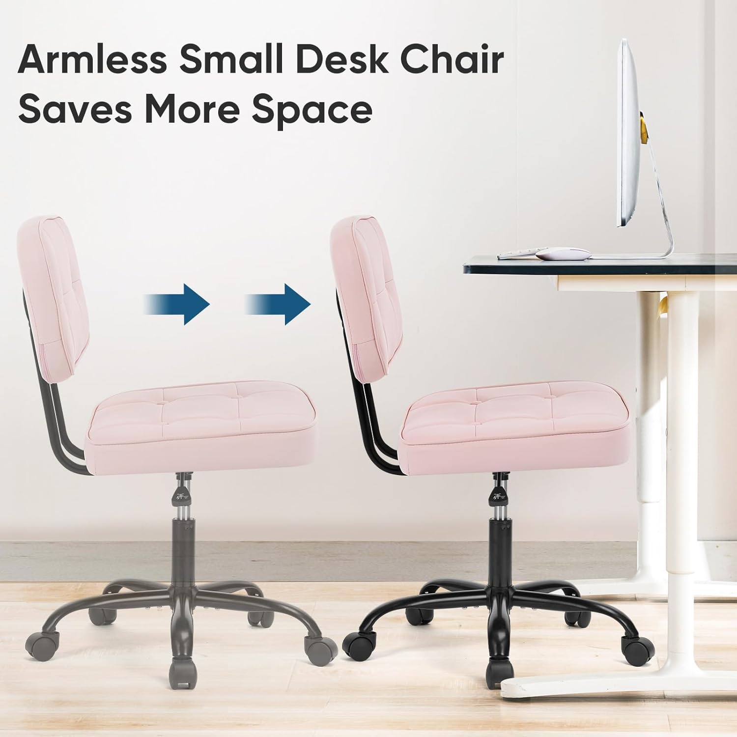 Home Office Desk Chair - Ergonomic Armless PU Leather Computer Rolling Task Chair??with Comfy Lumbar Support and Height Adjustable, Vanity, Bedroom, Pink