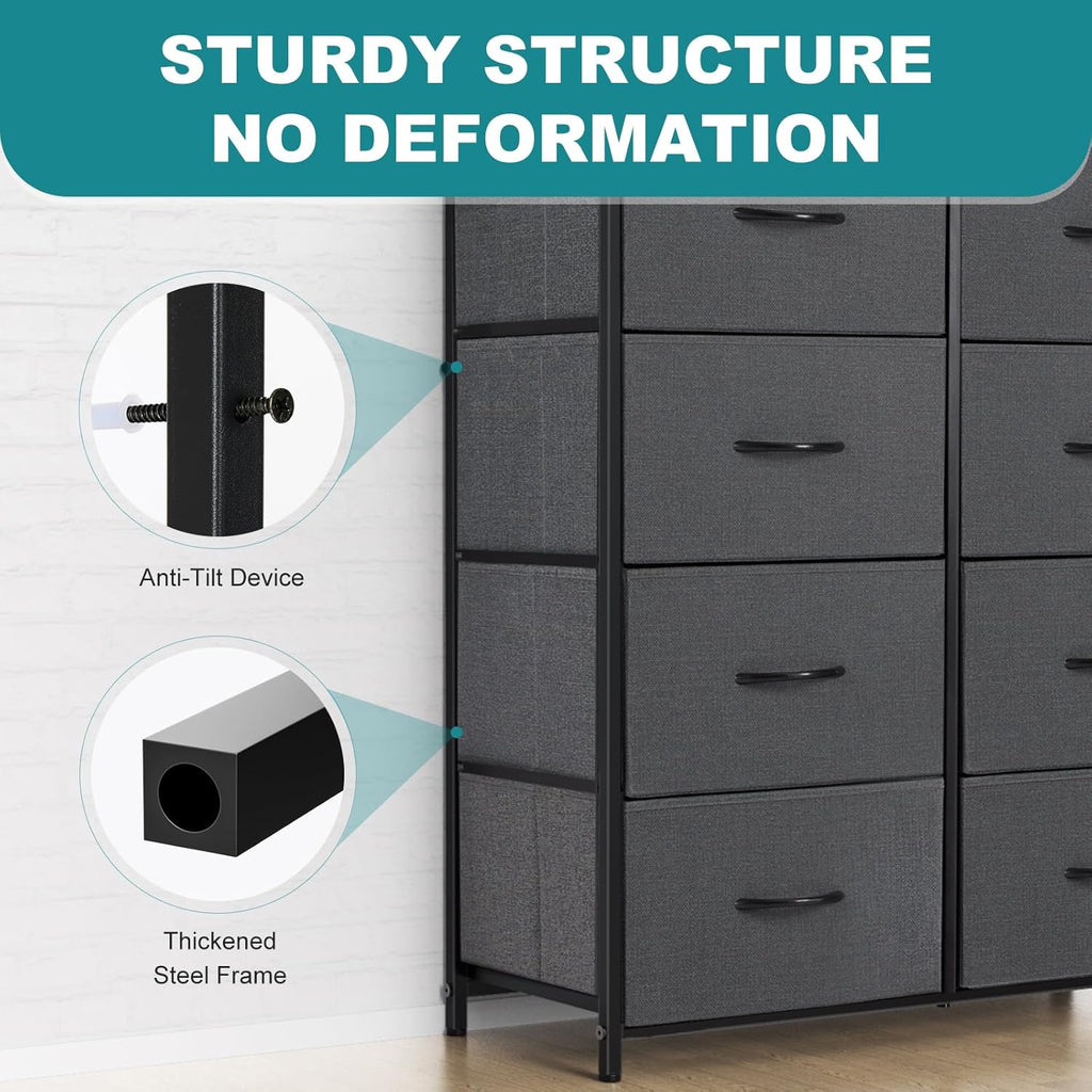 8 Drawer Storage Dresser with Wood Top - Wide Fabric Chest Organizer for Bedroom, Closet, Living Room,Tower Cabinet, TV Stand, Hallway Entryway Furniture,Grey