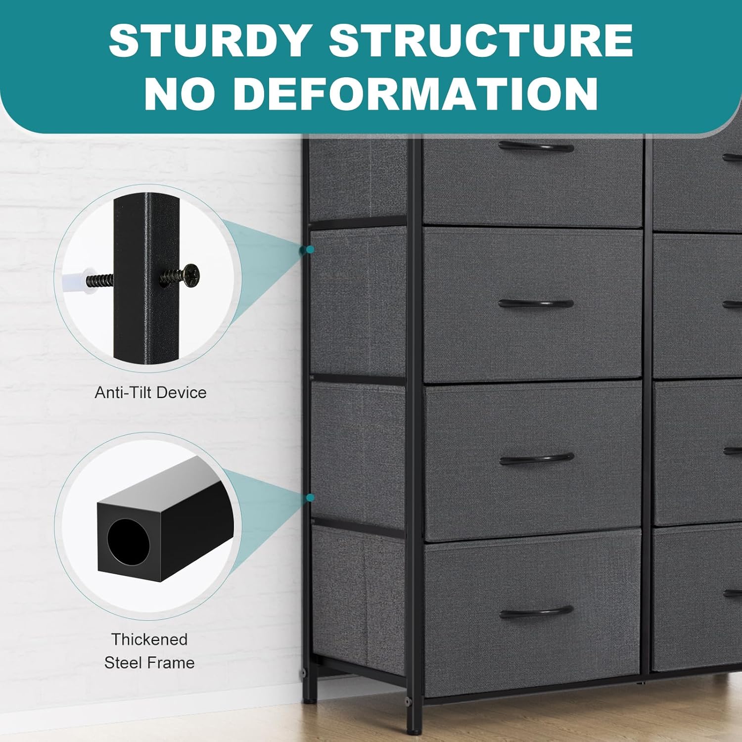 8 Drawer Storage Dresser with Wood Top - Wide Fabric Chest Organizer for Bedroom, Closet, Living Room,Tower Cabinet, TV Stand, Hallway Entryway Furniture,Grey